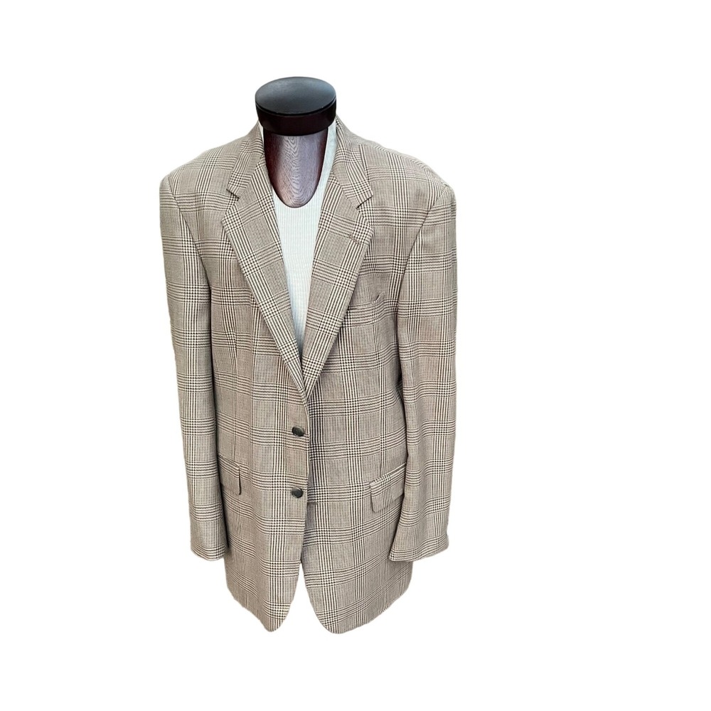 J Riggins Mens Sportcoat Jacket Houndstooth‎ Check Plaid Wool 42L Long Neutral